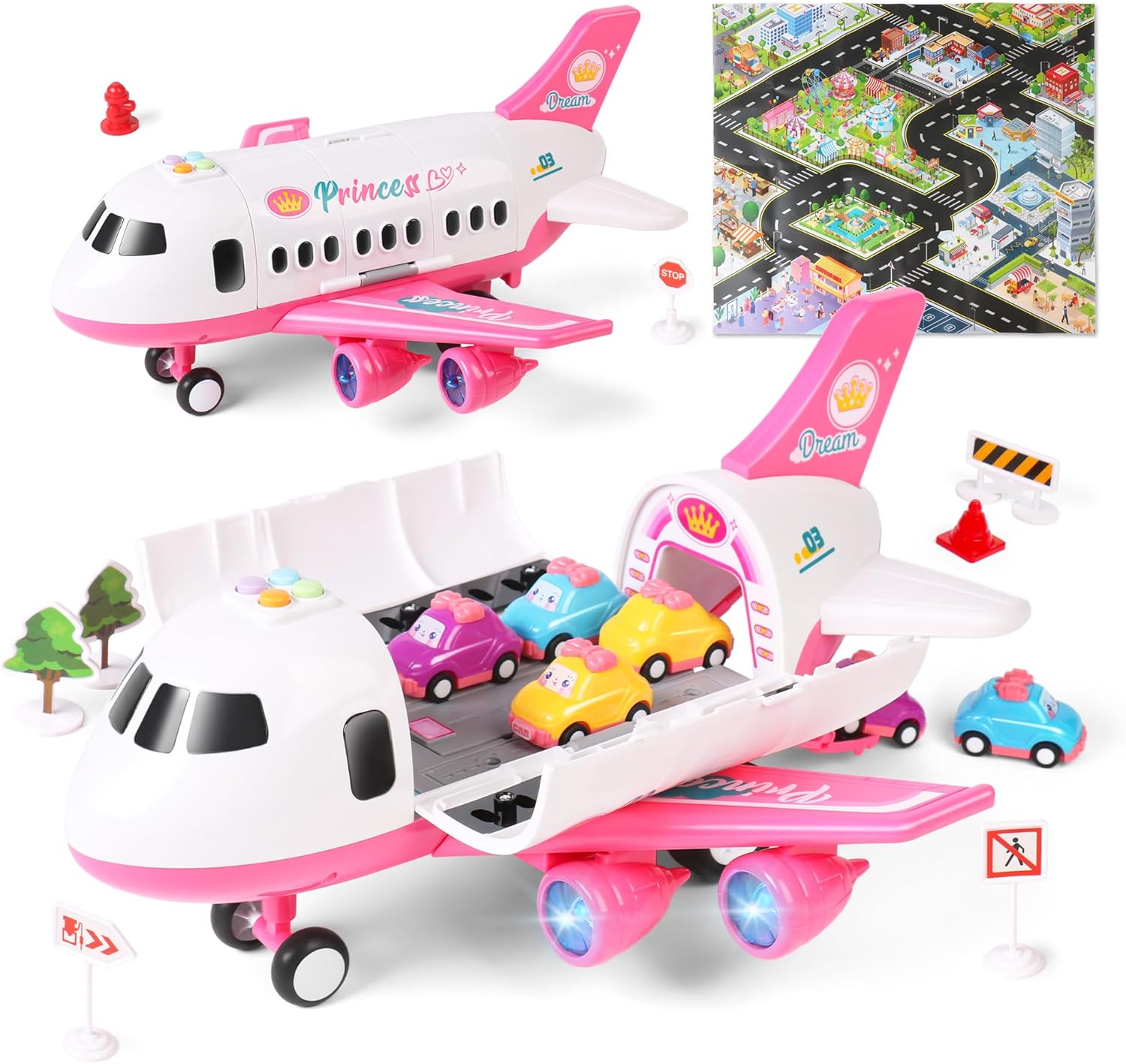 Dwi Dowellin Pink Airplane Toy with 6 Truck Cars and Play Mat,Plane with Lights and Sounds for 3 4 5 6 7 Years Old Toddlers Boys and Girls