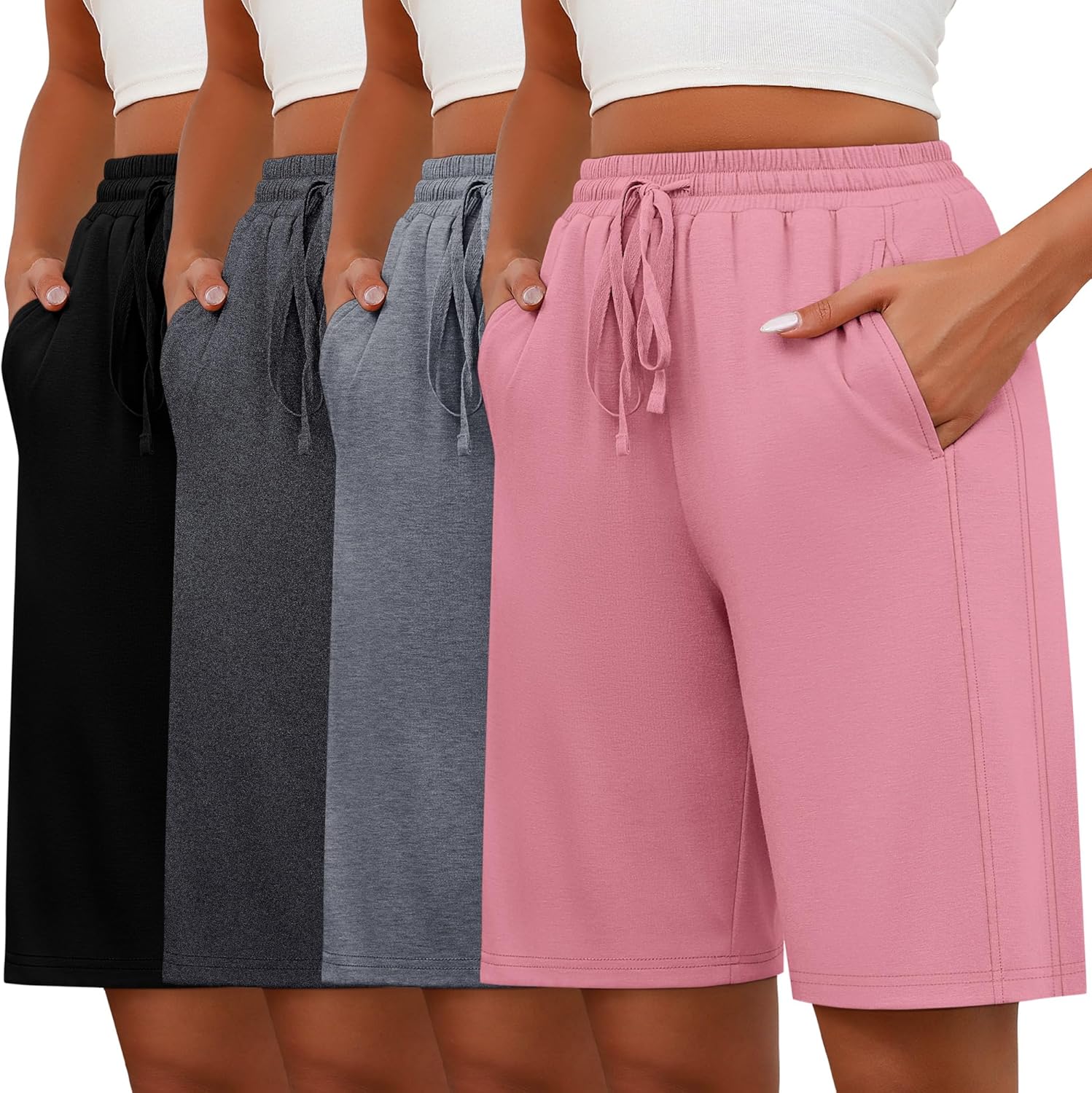 Huukeay 4 Pack Bermuda Shorts for Women Drawstring Elastic Waist Sweat Casual Wide Leg Long Shorts