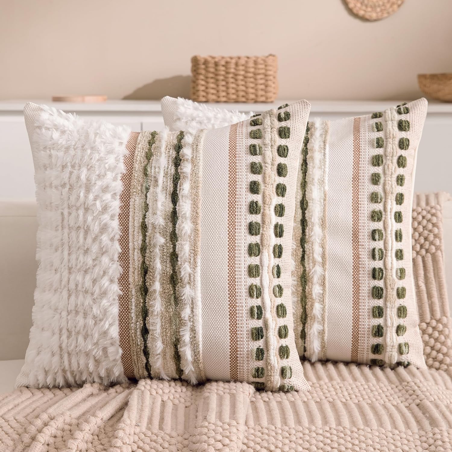 KOOLIFE Boho Chenille Tufted Couch Throw Pillow Covers 18x18 Inch Set of 2 Farmhouse Striped Decorative Pillow Covers Accent Neutral Square Pillowcase Green Cushion Covers for Livingroom Sofa Bed