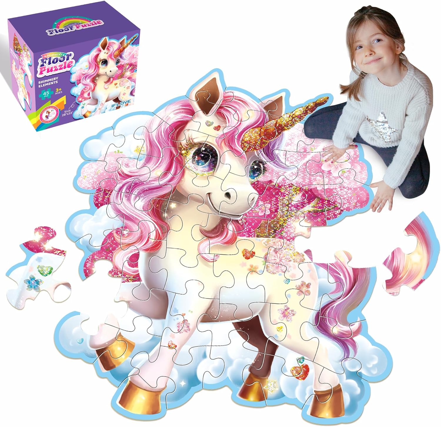 Jumbo Floor Puzzle for Kids,48 Piece Unicorn Large Jigsaw Puzzles,Puzzle for Toddler Ages 3-5,Fun Educational Preschool Learning Toy Easter Gift for Boys &amp; Girls Ages 4-8 (Shimmery Unicorn)