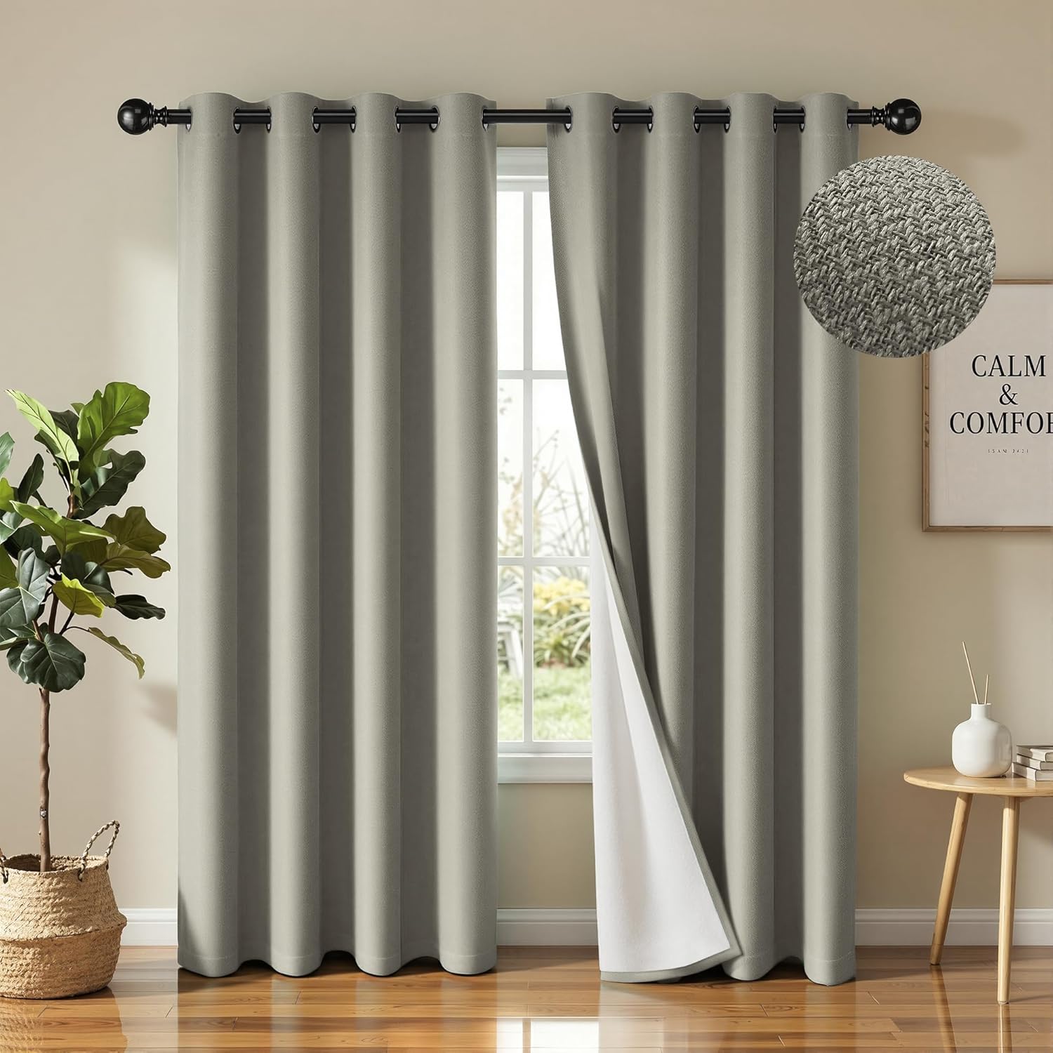 SABALANICA 2 Panels 100% Blackout Linen-Textured Curtains, Thick Thermal Insulated Grommet Drapes with Subtle Herringbone Weave, Luxury Decor for Bedroom\/Living Room, 54 x 84 Inches, Grey