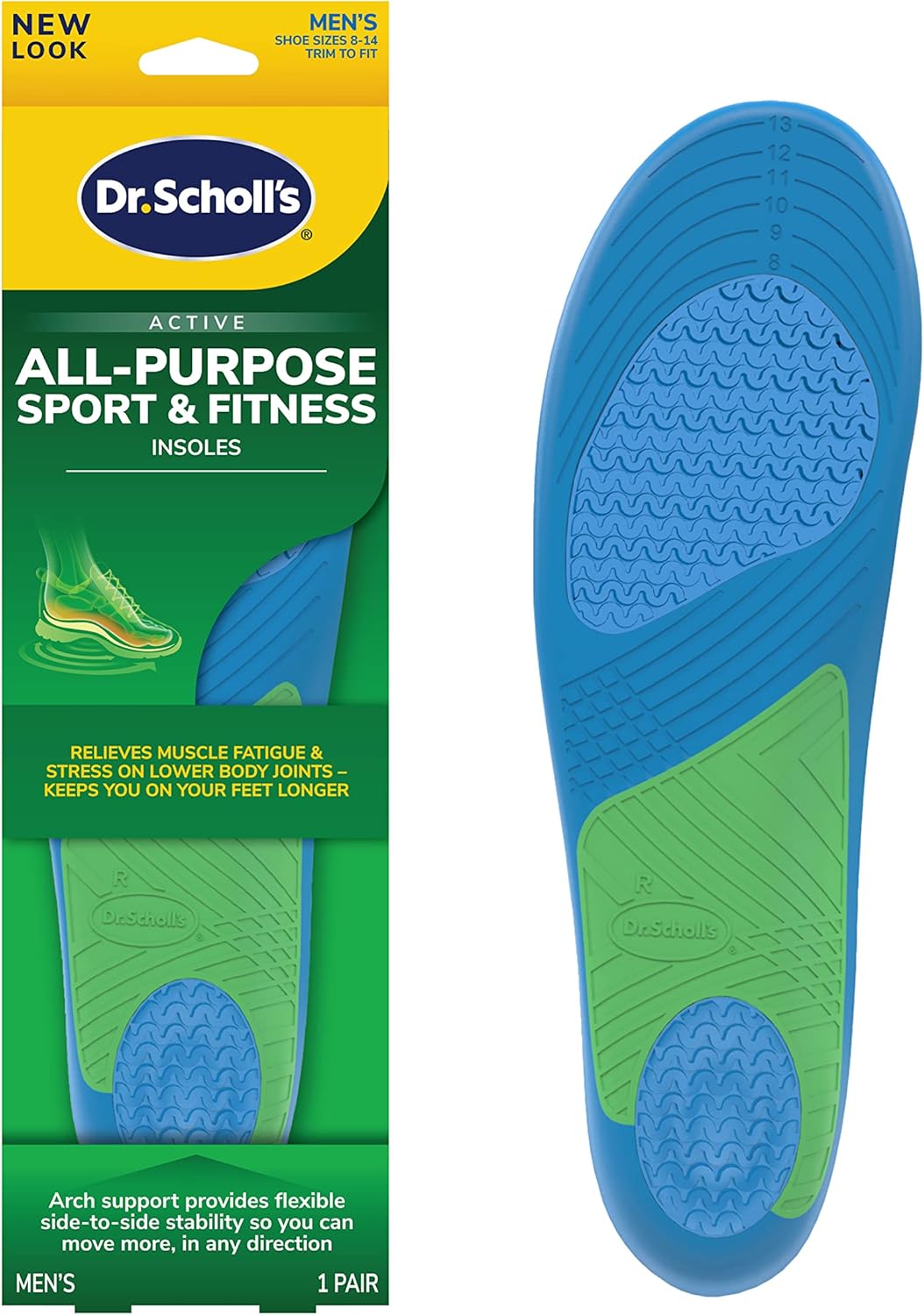 Dr. Scholl\u2019s Sport Insoles - Superior Shock Absorption and Arch Support to Reduce Muscle Fatigue and Stress on Lower Body Joints for Men Size 8-14