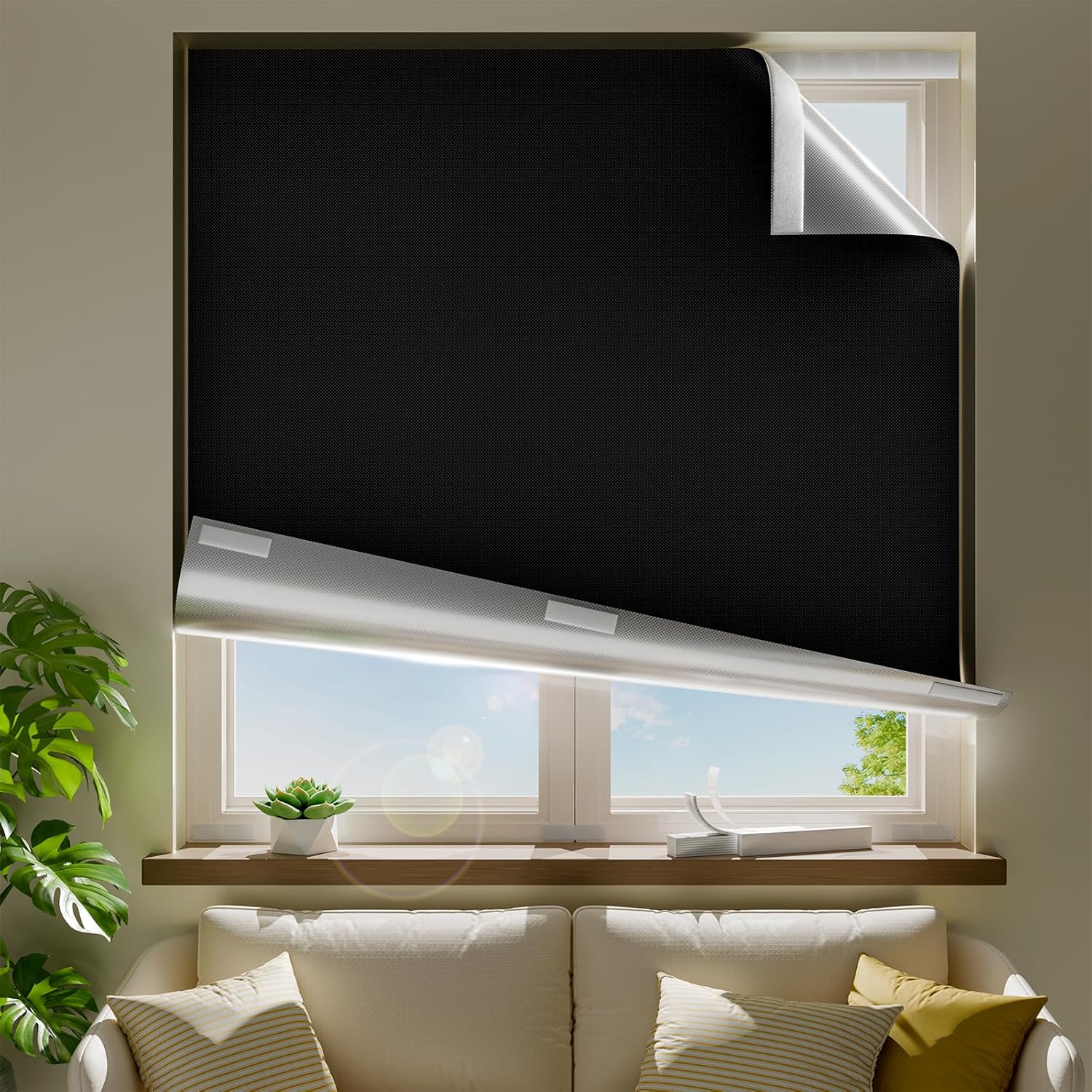 42"W x 60"L No-Drill 100% Blackout Curtains with Hook &amp; Loop Tape, Thermal Insulated,Adjustable Room Darkening Window Shades for Tatol Darkness - Portable for Bedroom, Nursery, Dorm, Trave