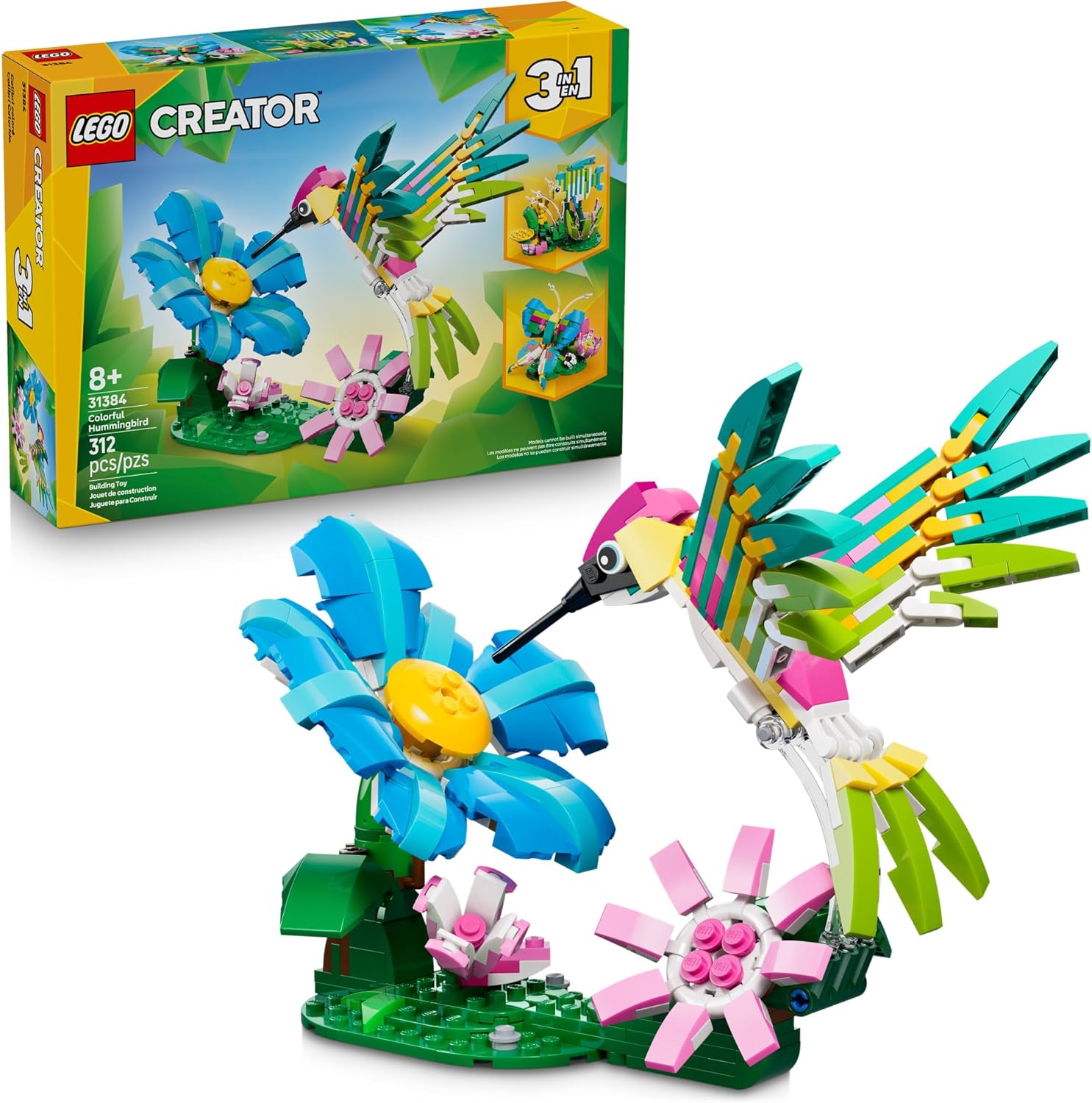 LEGO Creator 3 in1 Wild Animals: Colorful Hummingbird Building Toy for Girls, Boys, &amp; Kids, Ages 8+ - Build a Bird, Butterfly, or Tropical Fish - Gift Idea for Birthdays - 31384