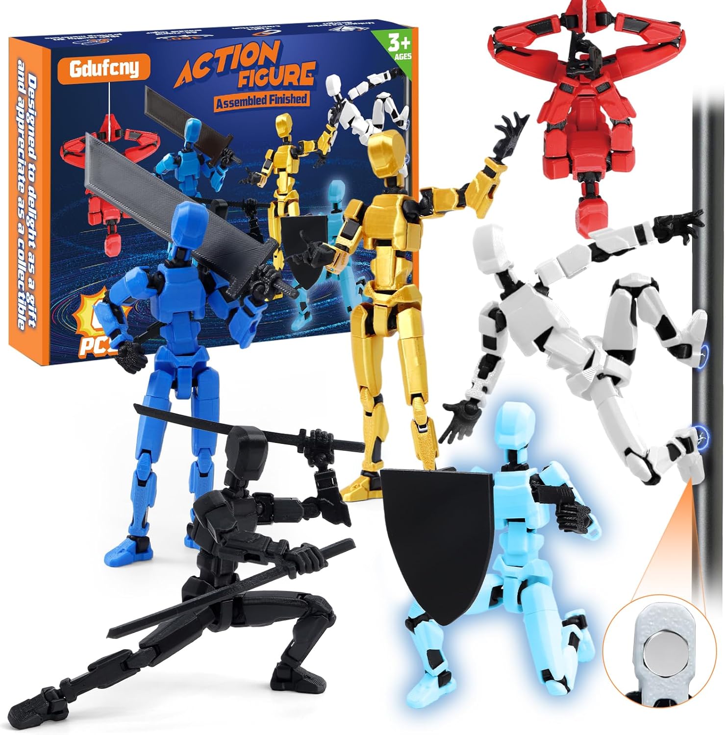Gdufcny Magnetic Action Figure Set - 6-Pack T13 Titan 13 Robot with Weapons, Poseable Multi-Colored Toys for Boys Kids, Easter, Creative Battle Play Collection