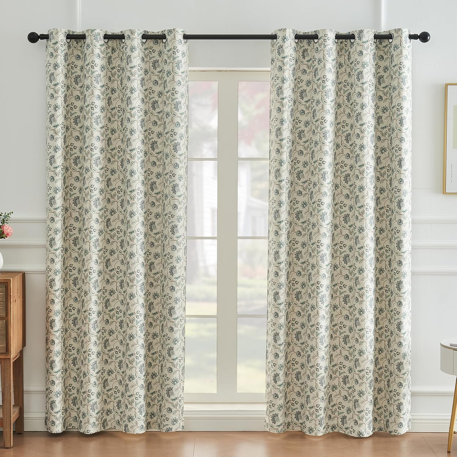 Warmstar Chenille Vintage Blue Floral Blackout Curtains, Floral Print Curtains for Living Room &amp; Bedroom, Thermal Insulated Light Blocking Floral Curtains, 96 Inch Length 2 Panels