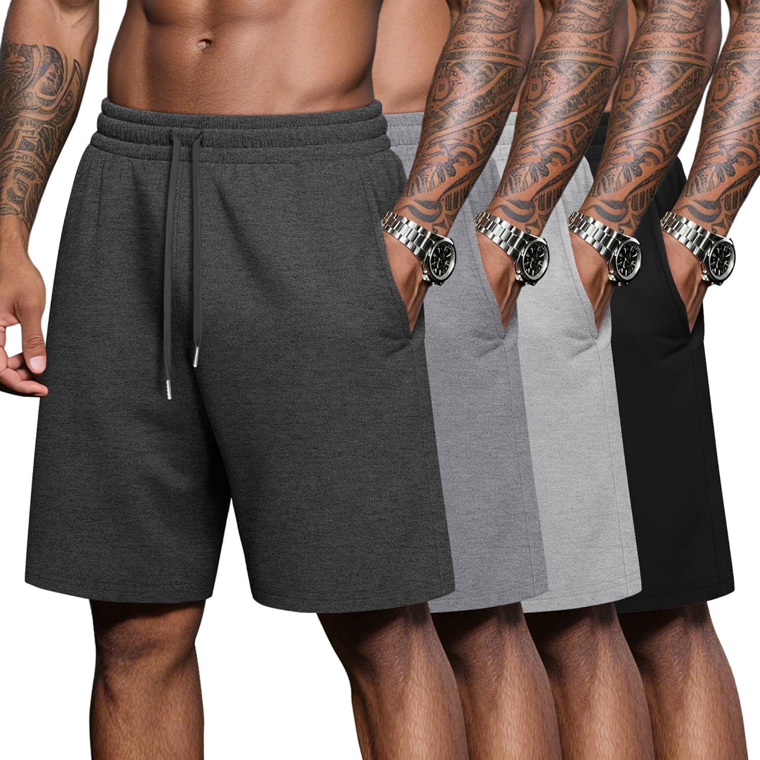 Neer 4 Pack Men Casual Sweat Shorts Cotton Blend Summer Shorts Athletic Drawstring Elastic Waist Lightweight Bermuda Pants