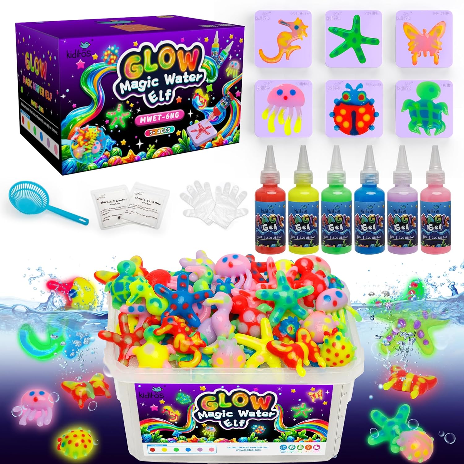 Kiditos Magic Water Elf Toy Kit Glow in the Dark \u2013 Make Your Own Water Pets, 6 Magic Gels &amp; 6 Molds, Kids DIY Sensory Craft Kit, STEM Science Toy, Birthday Party Favor Gift for Kids Ages 3+