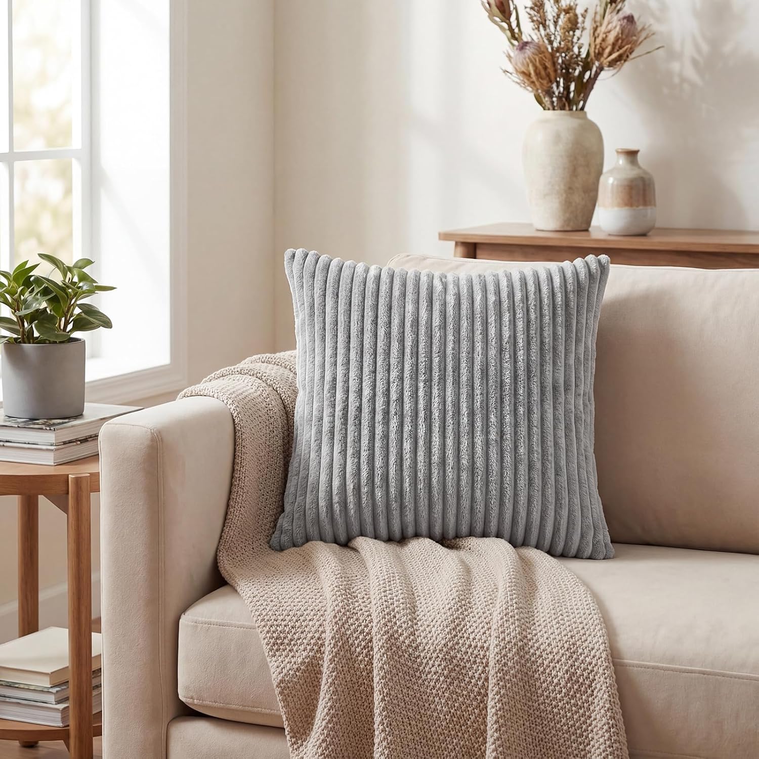 COZYFUZY Velvet Corduroy Throw Pillow Insert 12x12 Inch - Soft Square Decorative Cushion with Removable Cover - Plush Sponge Filled Pillow for Couch, Bed, Living Room, Boho Home Decor