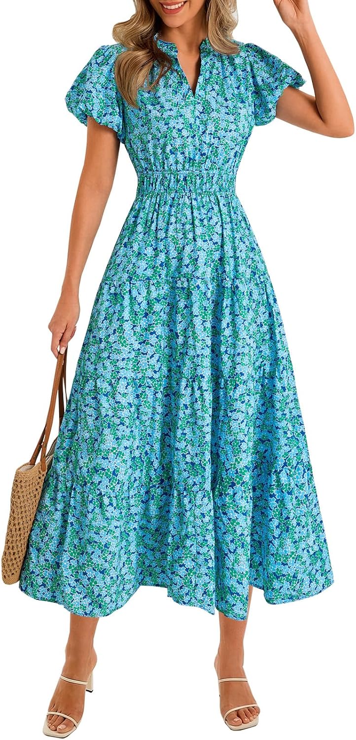 Wenrine Womens Summer Floral Maxi Dress Casual V Neck Puff Short Sleeve Smocked Loose Boho Beach Dresses with Pockets
