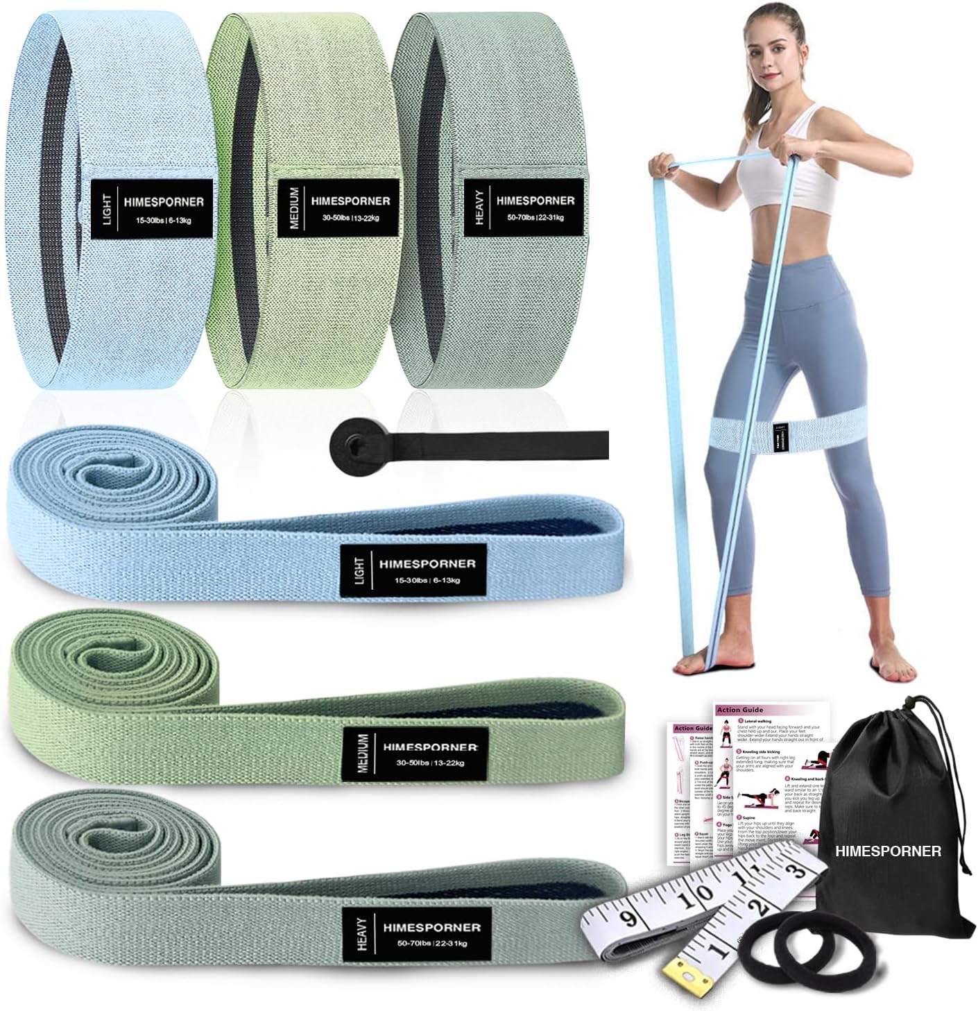 HIMESPORNER 9 PCS Fabric Resistance Bands Set for Working Out, Non-Slip Exercise Booty Bands for Women &amp; Men Leg and Glutes with Hair Ties and Tape Measure - for Home Gym Workout, Yoga, Pilates