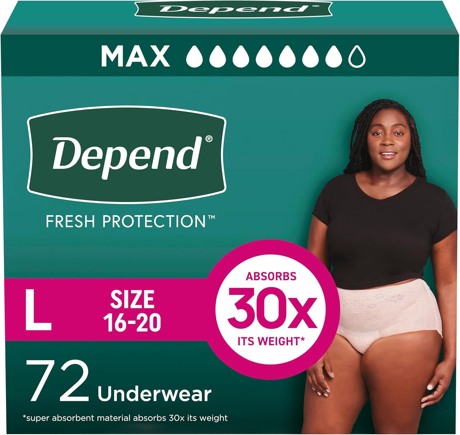 Depend Fresh Protection Adult Diapers, Incontinence &amp; Postpartum Bladder Leak Underwear for Women, Disposable, Maximum, Large, Blush, 72 Count (2 Packs of 36), Packaging May Vary