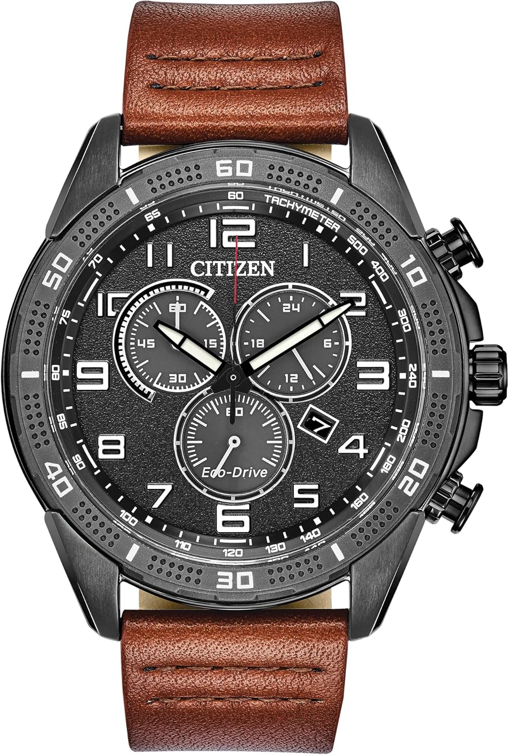 Citizen Men's Eco-Drive Weekender Chronograph Watch in Black IP Stainless Steel with Brown Leather Strap, Black Dial (Model: AT2447-01E)
