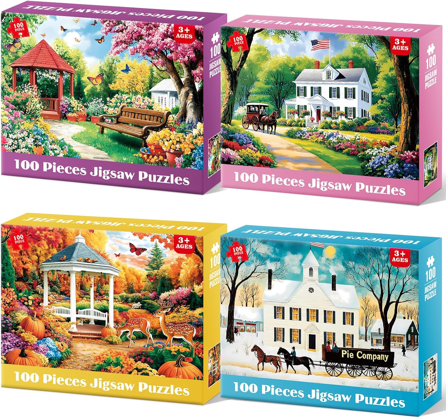 4 Pack 100 Piece Puzzles for Seniors, Four Seasons Jigsaw Puzzles for Elderly Large Piece Puzzle for Adults &amp; Kids Ages 4-6 6-8 8-10, Easy Beginner Puzzle Family Educational Toy Gift