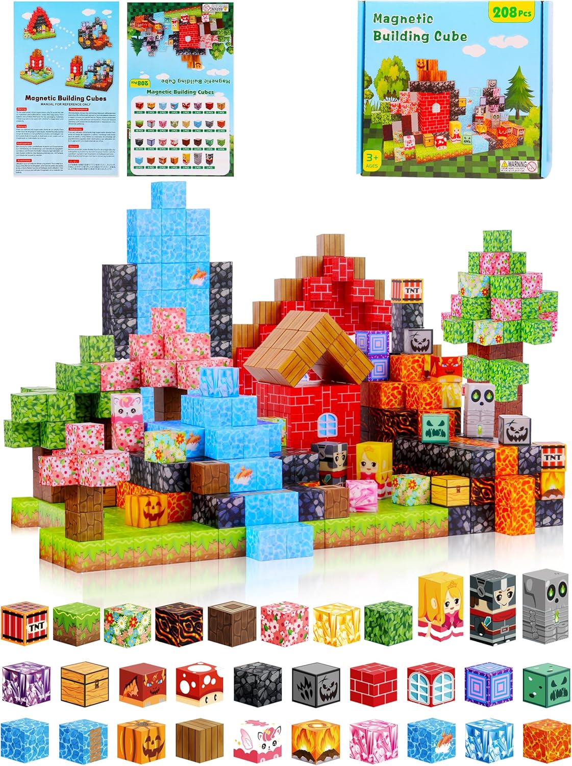 208 PCS Magnetic Building Blocks Toys Kids -0.8in 3D Magnetic Blocks Magnet Build Cubes Boys STEM Constructions Sensory Stacking Toy Set Girls Age 3+,4,5,6,7,8,9,10 Christmas Birthday Gifts